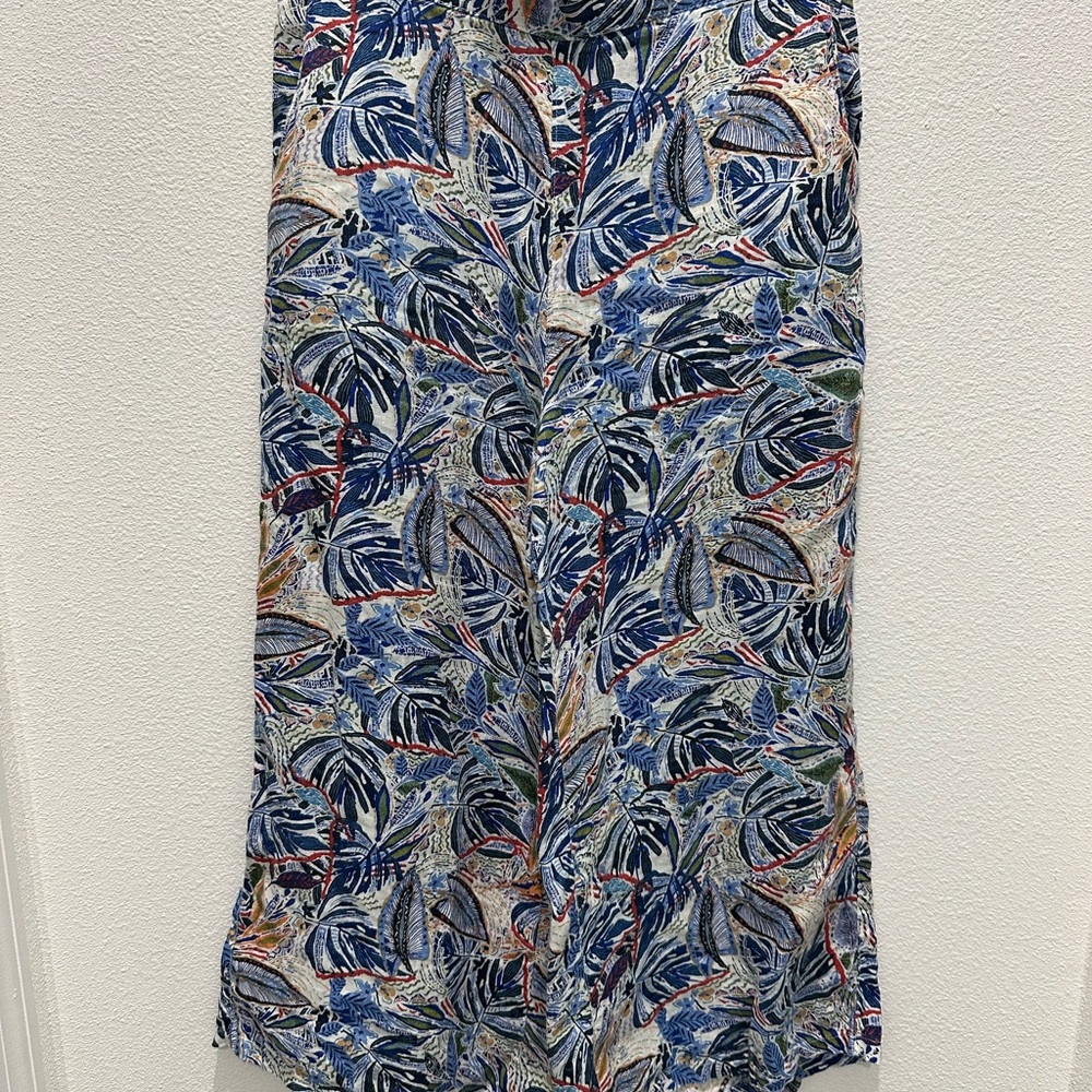 C&C California Blue and Green Leaf Print Wide Leg Ankle Pants
